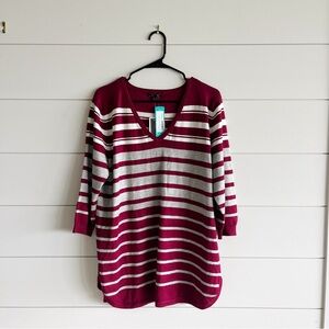 Women's V-Neck Striped Sweater - Burgundy and Gray